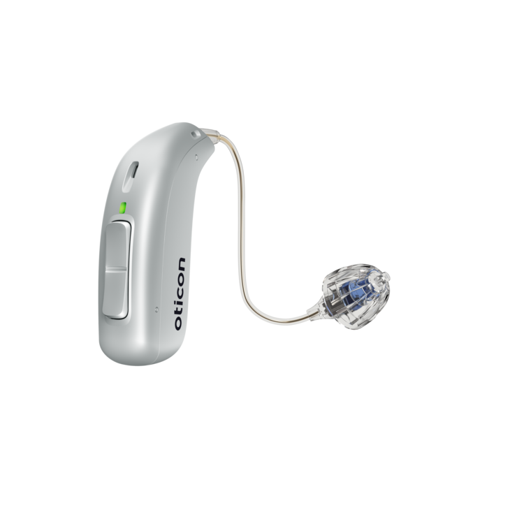 Oticon_Play_PX_miniRITE_R_Left_C044Silver_LEDgreen_Speaker60_OpenBassDome_500pctSize.png