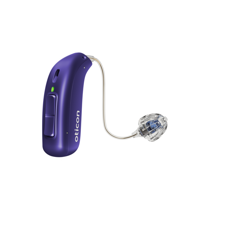 Oticon_Play_PX_miniRITE_R_Left_C045Purple_LEDgreen_Speaker60_OpenBassDome_500pctSize.png