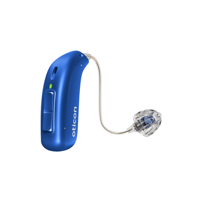 Oticon_Play_PX_miniRITE_R_Left_C047CoolBlue_LEDgreen_Speaker60_OpenBassDome_500pctSize.png