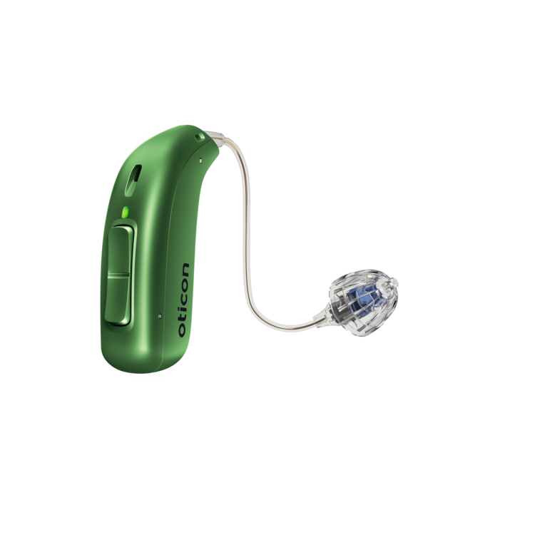 Oticon_Play_PX_miniRITE_R_Left_C048EmeraldGreen_LEDgreen_Speaker60_OpenBassDome_500pctSize-1.png