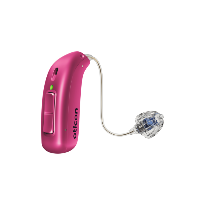 Oticon_Play_PX_miniRITE_R_Left_C057PowerPink_LEDgreen_Speaker60_OpenBassDome_500pctSize-1.png