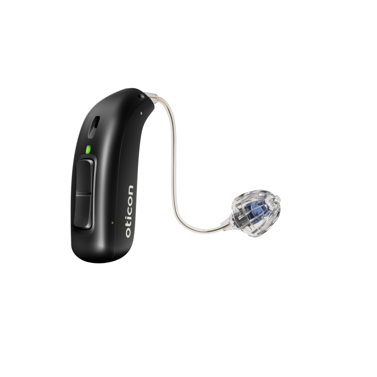 Oticon_Play_PX_miniRITE_R_Left_C063DiamondBlack_LEDgreen_Speaker60_OpenBassDome_500pctSize.png