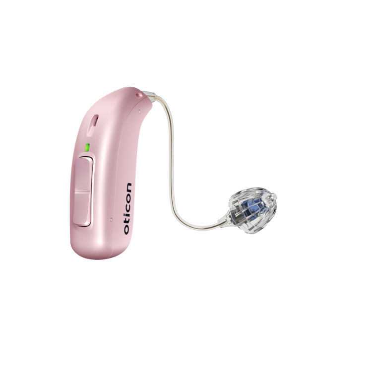 Oticon_Play_PX_miniRITE_R_Left_C079HearPink_LEDgreen_Speaker60_OpenBassDome_500pctSize.png