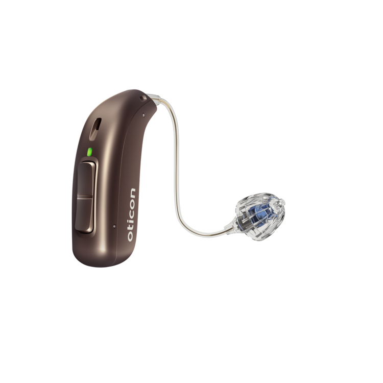 Oticon_Play_PX_miniRITE_R_Left_C093ChestnutBrown_LEDgreen_Speaker60_OpenBassDome_500pctSize.png